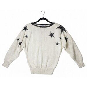 Vintage Nannell Hand Knit Star Sweater Cream M Leather Patch Beaded Trim 80s